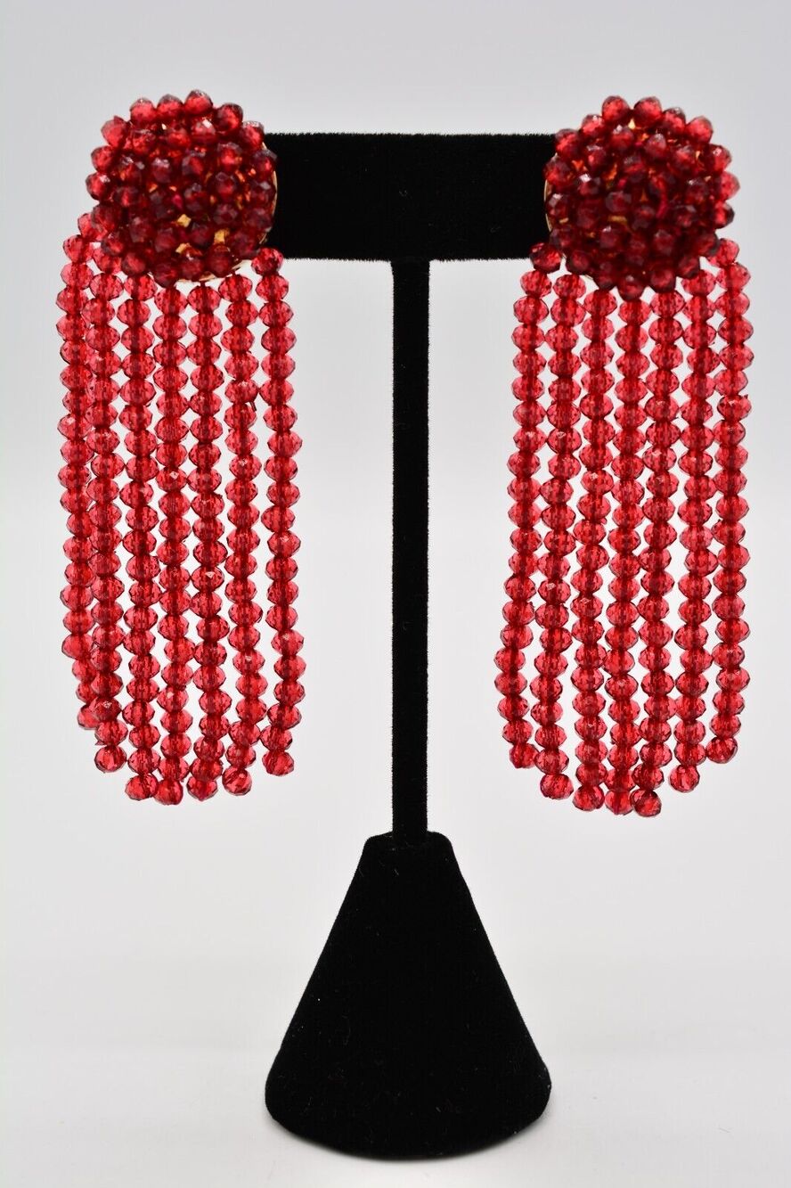 Sugarfix Dangle Statement Fringe Earrings Red Crystal Beaded Gold Signed BinAG